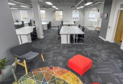 Contemporary office interior with large windows and hardwood floors, 2 Bath Place, Shoreditch, London