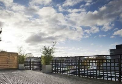 Outdoor roof terrace with wooden decking and potted plants under a bright, cloudy sky.