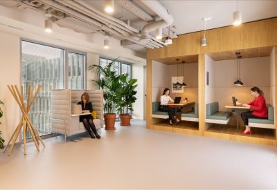 Semi-private work booths and lounge seating near a large window with plants.
