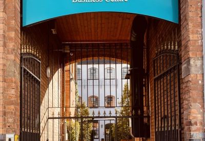 Entrance gate with Bradford Court Business Centre signage.