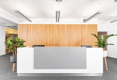 Minimalist reception desk with a light wood slat feature wall and indoor plants.