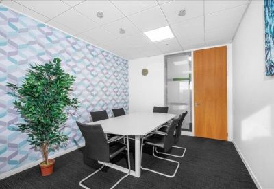 Bright meeting room with a patterned accent wall and potted plant.
