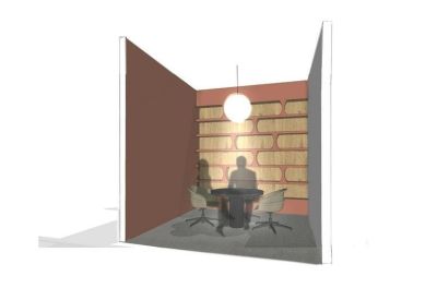 Compact two-person meeting room with a warm wood-panelled back wall.