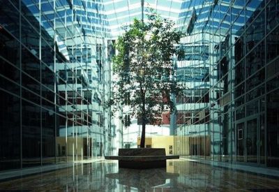 Bright glass-walled atrium featuring a tall indoor tree and natural light.