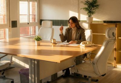Sunny private office with wooden desk and white leather chairs.
