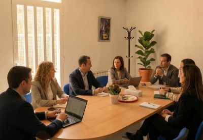 Professional meeting room with a group of people around an oval wooden table.
