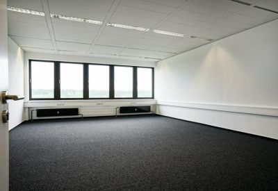 Empty office suite with grey carpet and a wide window wall.