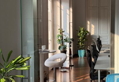 Sunny coworking corridor with glass partitions, wooden floors, and potted plants.