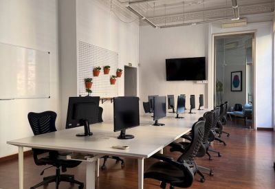 Spacious workstation area with multiple monitors, ergonomic chairs, and decorative wall plants.