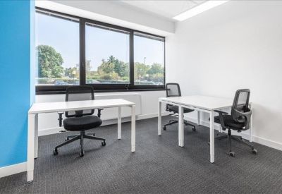 Bright two-person office with a vibrant blue feature wall and large window.