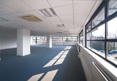 Spacious office interior with blue carpeting and large windows providing natural light.