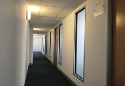 Clean, modern corridor with dark carpet, white walls, and slim vertical windows.