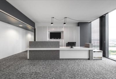 Minimalist reception area with a grey and white front desk and textured carpet.