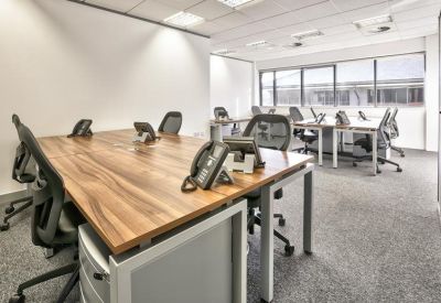 Modern office suite featuring wood-finish desks with integrated grey dividers and ergonomic chairs.