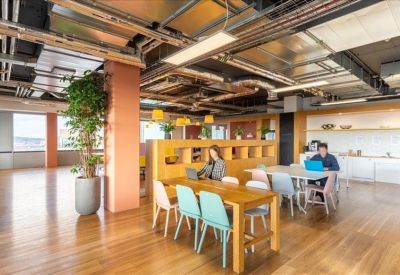 Bright breakout area with a large wooden table, teal chairs, and an indoor tree.