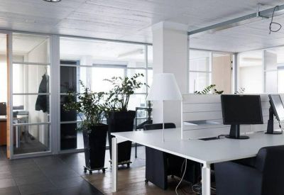 Bright open-plan workspace featuring indoor plants and glass partitions.