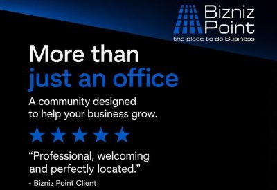 Marketing graphic with company logo and a client testimonial.