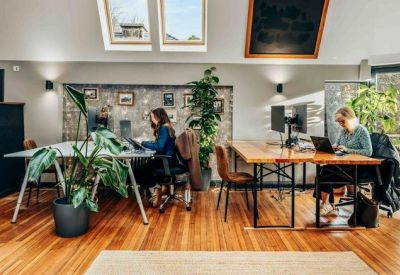 Bright open-plan office with skylights, large indoor plants, and wooden desks.
