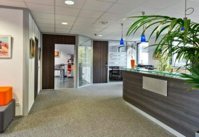 Bright reception area featuring a dark wood desk, orange seating, and indoor plants.