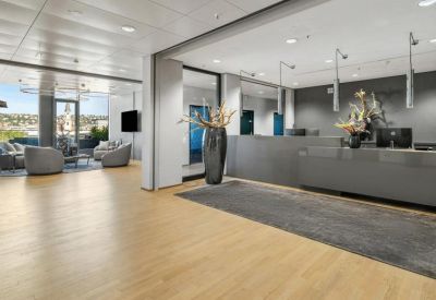 Bright reception area with a grey front desk and a view into a light-filled lounge.