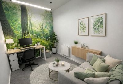 Cozy office with a nature-themed accent wall and sofa.