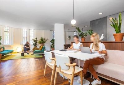 Sunlit coworking lounge featuring green sofas and diverse indoor plants.