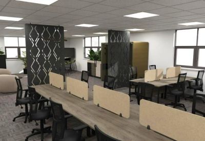 CGI of an open office space featuring decorative black geometric privacy screens.