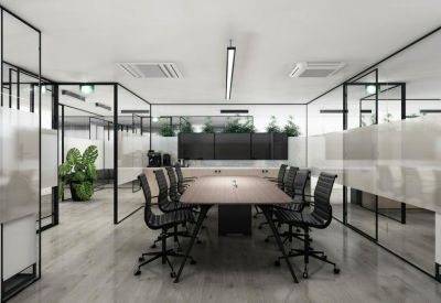 Contemporary glass-walled conference room with a large wooden table and black chairs.