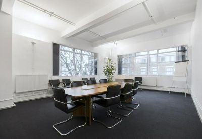 Bright meeting room with a large wooden table, black chairs, and a potted plant.