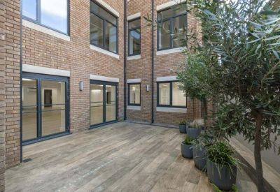 Outdoor wooden decked terrace area with potted trees and brick walls.