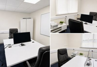 Tiled collage showing a private office suite with white desks and ergonomic black leather chairs.
