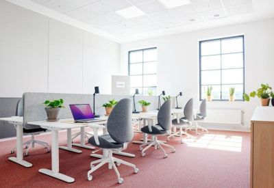Bright open-plan office featuring height-adjustable desks, ergonomic chairs, and large windows.