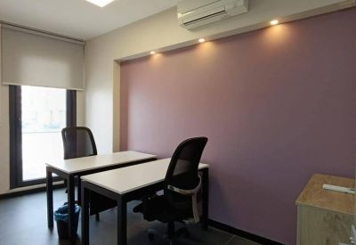 Private office space with two white desks, black ergonomic chairs, and a soft purple accent wall.