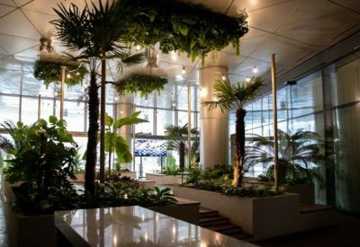 Expansive lobby area decorated with numerous indoor trees and hanging greenery.