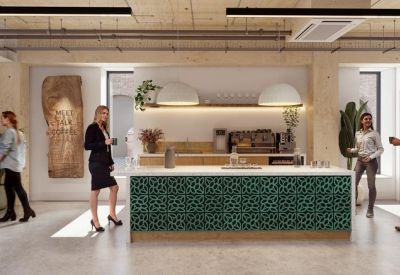 Modern communal kitchen at Old Paradise St, London, UK, 30-34 with a teal tiled island and pendant lighting.