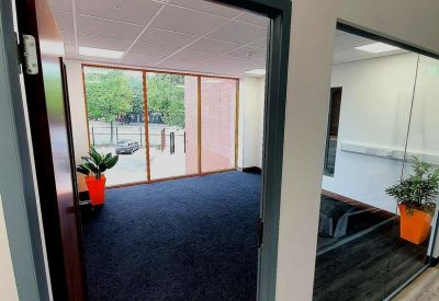 Bright private office suite with dark blue carpeting and large windows overlooking trees.