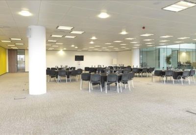 Large open floor plan with round tables for events, One Kingdom Street, London, W2.