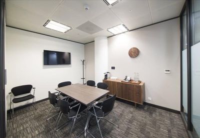 Small private meeting room with wall-mounted screen and storage, One Kingdom Street, London, W2.