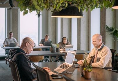 Open-plan coworking office with long wooden tables and hanging green foliage.