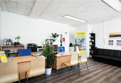 Bright reception or administrative area with several desks, shelving, and indoor plants.