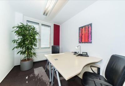 Private office featuring a large green plant, light wood desk, and abstract red wall art.
