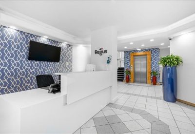 Bright reception area with a white desk, blue patterned feature wall, and tall potted plant.