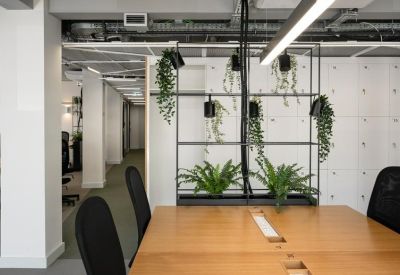 Modern coworking space with wood-topped desks, hanging plants, and white lockers.