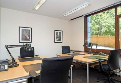 Two-person office suite with wooden desks, black chairs, and natural light.