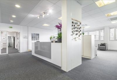 Reception desk area with a grey counter, purple orchid, and bright overhead lighting.