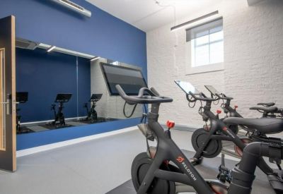 Fitness room with several stationary exercise bikes and a large mirror against a blue feature wall.