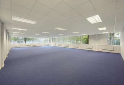 Spacious open-plan office space with blue carpeting and large windows.