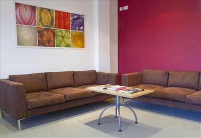 Lounge area with brown sofas, a coffee table, and a vibrant magenta feature wall.