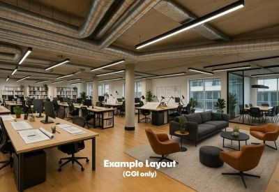 Spacious open-plan office with exposed ceiling ducts and industrial-style lighting.