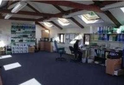 Open-plan office with vaulted ceilings, dark carpet, and skylights.